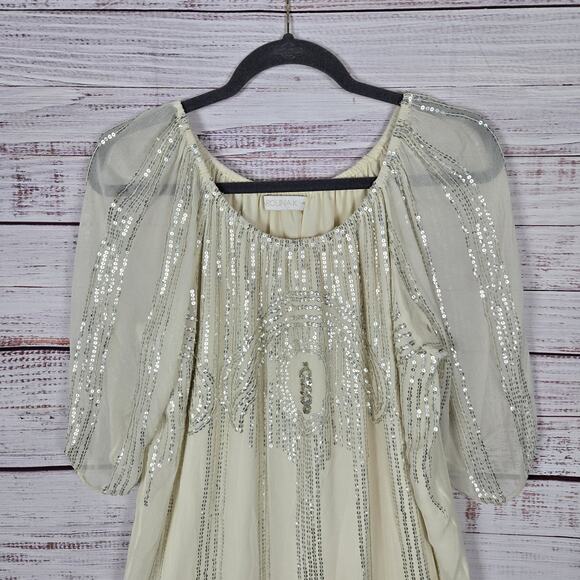 Carolina K Dress M Cream Sequin Sheer Sleeve Ruffle Tier Fairy Feminine Showgirl - Picture 3 of 15